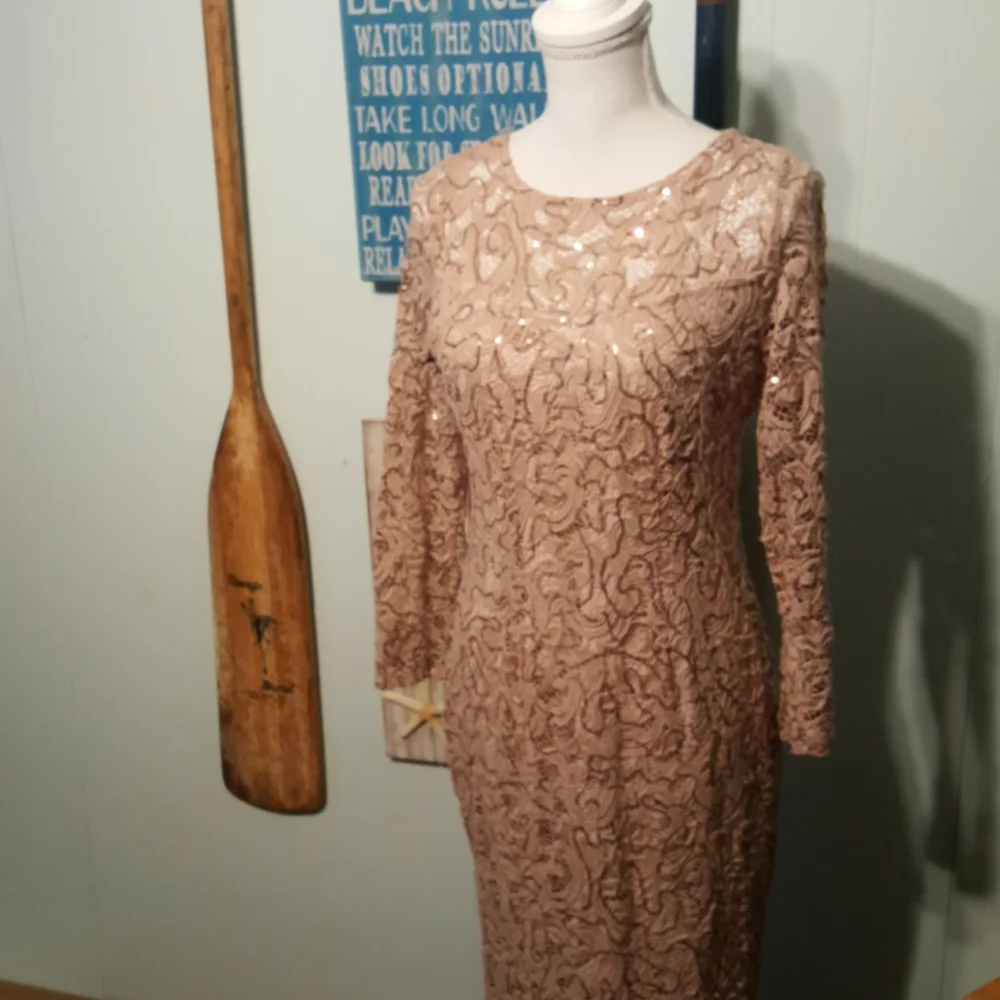 Marina Sequin Evening Gown Blush Champagne Formal Dress Long Sleeve Maxi Medium